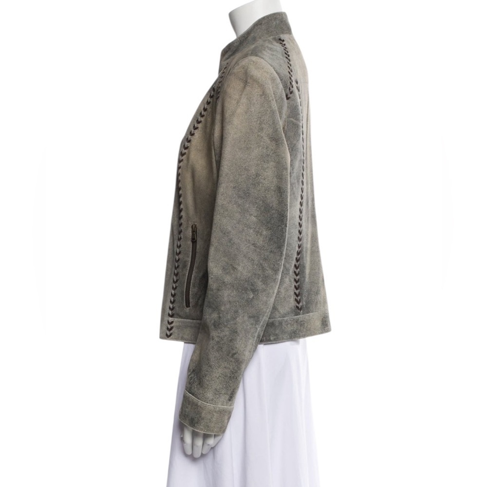 Gray Suede Leather Motorcycle Jacket With Quilted Details — image 6 of 8